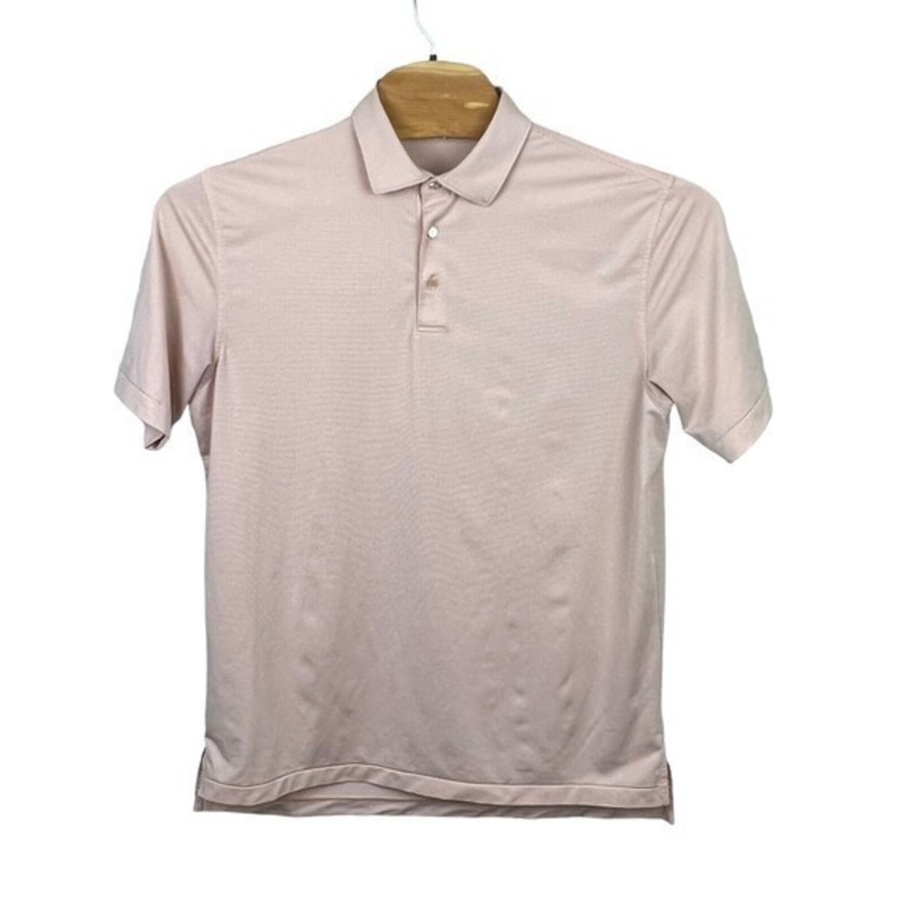 Peter Millar Mens Peach White Striped Collared Short Sleeve Polo Shirt Large‎